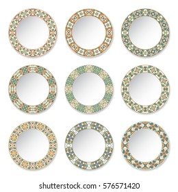 Set of decorative plates with a circular orange and green pattern, top view. White background. Vector illustration.