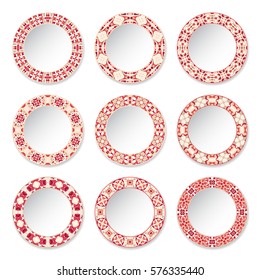 Set of decorative plates with a circular red pattern, top view. White background. Vector illustration.