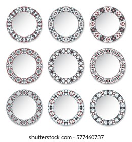 Set of decorative plates with a circular red and green pattern, top view. White background. Vector illustration.
