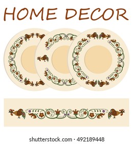 Set decorative plates for interior design. Tribal ethnic ornament, Vector illustration frame with rooster, symbol of 2017 on the Chinese calendar. Element for New Year's design
