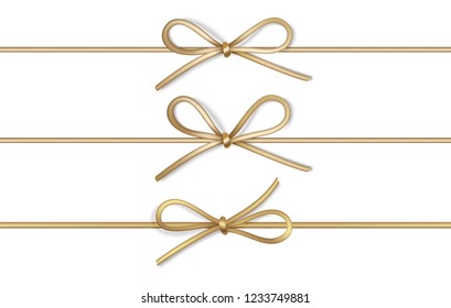 	
Set of decorative platinum string bow with horizontal thin rope isolated on white background. Vector twine with a bow