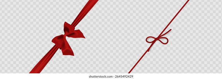 Set of decorative platinum string bow with horizontal thin rope isolated on white background. Vector twine with a bow