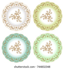 Set of decorative porcelain plates ornate with oriental golden vintage pattern. Isolated objects, white  and colorful plates with golden floral ornament. Vector illustration