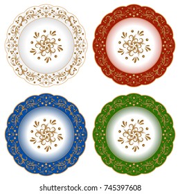 Set of decorative porcelain plates ornate with oriental golden vintage pattern. Isolated objects, white  and colorful plates with golden floral ornament. Vector illustration