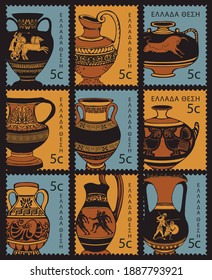 Set of decorative postage stamps with antique Greek amphorae in black and orange colors. Vector collection of postage stamps with a Greek inscription, which translates Greek Post