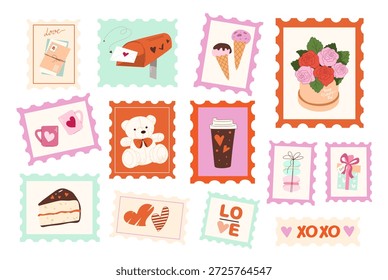 Set of decorative postage stamps with roses, teddy bear, sweets, and love letters. Elegant romantic illustrations in pastel colors for holiday mail, scrapbooking, and greeting card design.