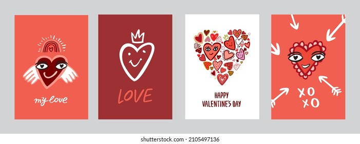 Juego de postales decorativas con dibujos animados corazones bonitos para la festividad. Colección de banderas para el Día de San Valentín con símbolos abstractos. Carteles para amantes. Invitación a la boda. Ilustración del vector