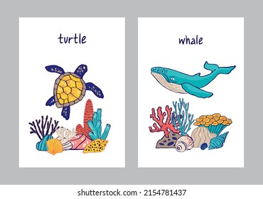 Set of decorative posters with marine animals, coral reefs, algae isolated on white. Collection of postcards with ocean animals, a turtle, a whale for the decor of the nursery. Vector illustration