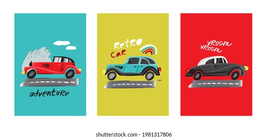 Set of decorative posters with retro cars driving on the road. Vintage transport in the style of a sketch for the decoration of children's books, covers, posters, cards. Caroon vector illustration