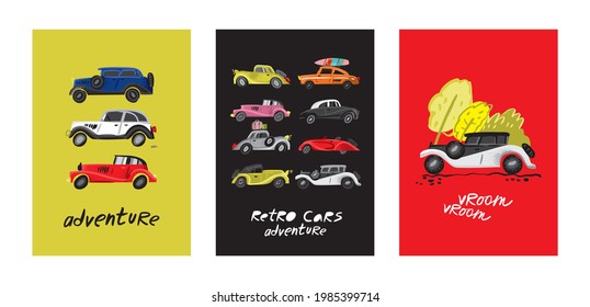 Set of decorative posters with retro cars driving on the road. Vintage transport in the style of a sketch for the decoration of children's books, covers, posters, cards. Caroon vector illustration