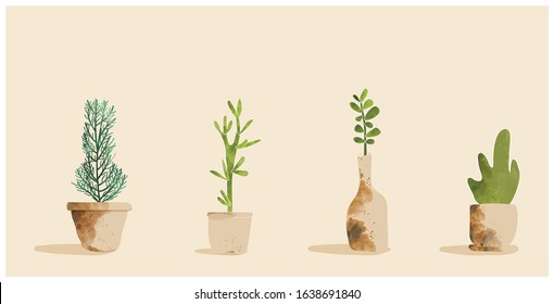 Set Of Decorative  Pot Plants.Minimalist Vector Illustration Of Spring Home Plant,rosemary  In Pot Plant.Watercolor Technics.Spring Gardening Concept.