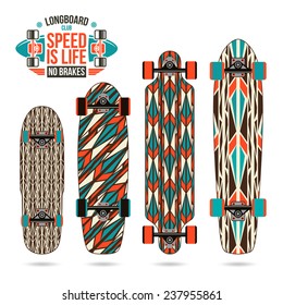 Set of decorative print on longboard in retro style