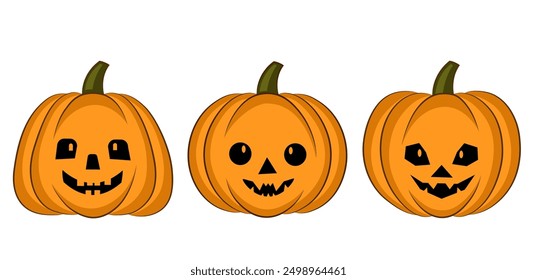 Set of decorative pumpkins for Halloween party, vector illustration, decorative elements isolated on white.