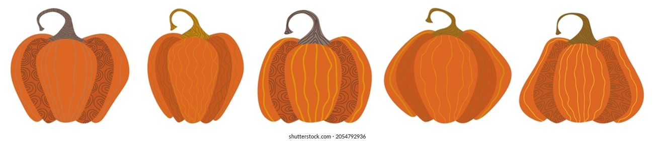 Set of decorative pumpkins - hand drawn vector illustration isolated on white. Flat color design.