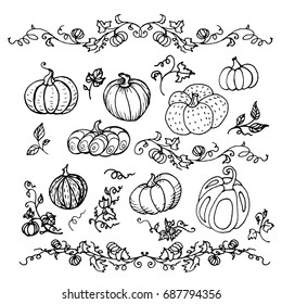 Set of decorative pumpkins with leaves and banners.