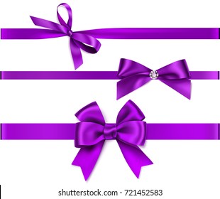 Set of decorative purple bow with horizontal purple ribbon isolated on white. Vector bow and ribbon for gift pack and page decor