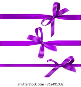 Set of decorative purple bow with horizontal purple ribbon isolated on white. Vector violet bow illustration