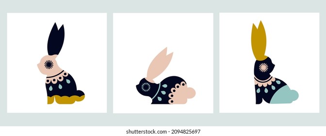 A set of decorative rabbits. Folk vector design. Poster for the nursery