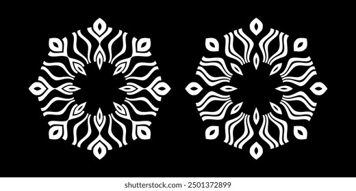 Set of Decorative Radial Geometric White Patterns on Black Background. Vector Art.