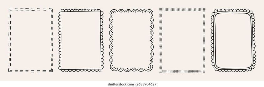 Conjunto de quadros retangulares decorativos com desenhos tracejados, recortados e alinhados. Ilustração de vetor desenhada à mão plana