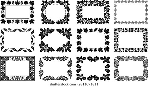 Set of decorative rectangular frames with various autumn leaves, acorns, and botanical elements, vector illustration isolated on white background transparent background