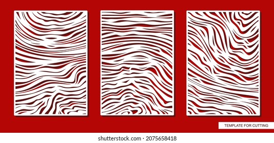 Set of decorative rectangular panels. Painting with a carved pattern. Abstract striped ornament of uneven lines, waves. Template for plotter laser cutting of paper, metal engraving, wood carving, cnc