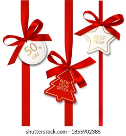 Set of decorative red bow with vertical ribbon and price tag isolated on white. New Year and Christmas decoration. Vector stock illustration.