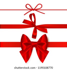 Set of decorative red bows with horizontal red ribbon isolated on white background. Vector illustration