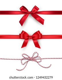 Set of decorative red bows with horizontal ribbons isolated on white background. Vector design elements