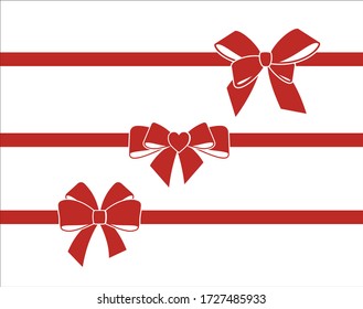 Set of decorative  red bows with horizontal  ribbons isolated on white. Vector gift red bow. Concept for invitation, banners, gift cards