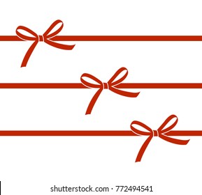 Set of decorative  red bows with horizontal ribbons isolated on white. Vector bow 