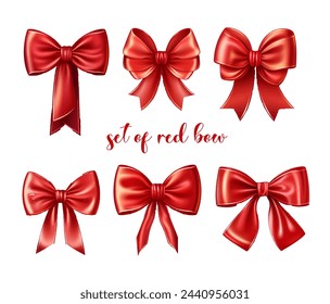 Set of decorative red bows isolated on white background. Vector illustration