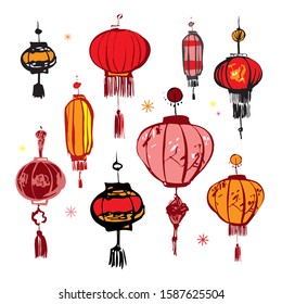 Set of decorative red Chinese lanterns hand drawn in ink on a white background. Elements for decoration cards, invitations, party posters. Background for a religious holiday. Vector illustration.