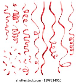 Set of decorative red confetti and ribbons on transparent background, vector illustration
