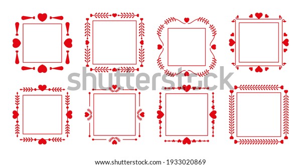 Set of decorative red frame elegant with\
heart romantic. Ornamental graphic decor border for text wedding\
invitation card, certificate, menu, book page. Frames isolated on\
white vector illustration