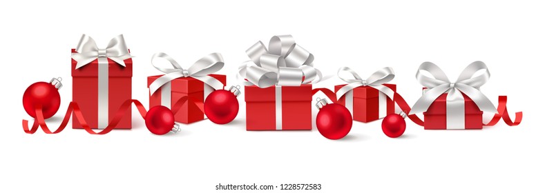 Set of decorative red gift boxes with white bows and red Christmas balls isolated on white for New Year Sale design. Vector illustration