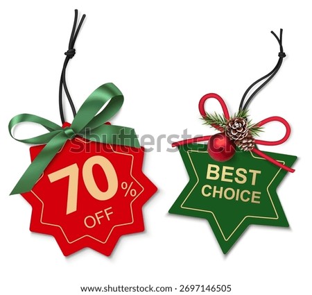 Set of decorative red and green paper price tag template with bow isolated on white. Beautiful new year or Christmas sale decoration for your design. Vector stock illustration