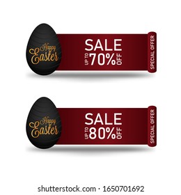 Set of decorative red ribbon banners isolated on white. Easter sale banner illustration with black painted egg and typography element on black background.