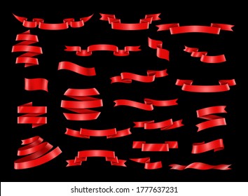 Set of decorative red ribbon banners isolated on black background. Vector Illustration.