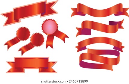 Conjunto de Anuncios de cinta roja decorativa aislados en blanco, arco rojo con conjunto de cintas, con malla degradada, Ilustración vectorial, cintas de Vector rojo. Conjunto de Anuncio de cinta, conjunto de Anuncio de cinta. Cintas rojas, Vector.