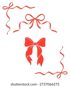 Set of decorative red ribbon bow frames with flowing ribbon tails in a clean minimalist vector style.