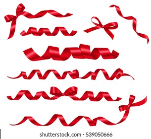 Set of decorative red ribbons and bows for gift decor isolated on white. Vector holiday decoration