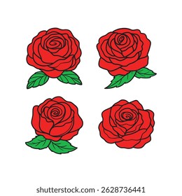 Set of decorative red rose flowers with green leaves on a transparent Background