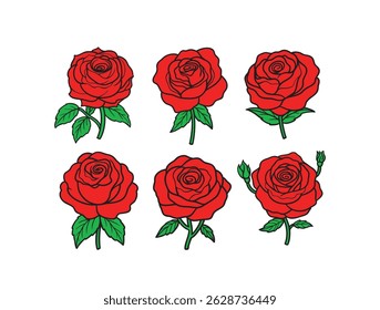 Set of decorative red rose flowers with green leaves on a transparent Background