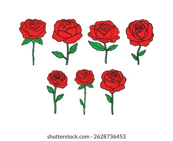 Set of decorative red rose flowers with green leaves on a transparent Background