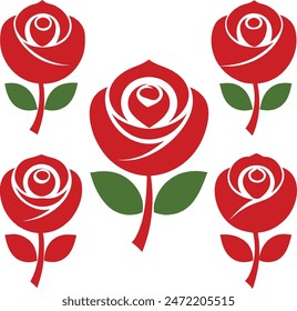 Set of decorative Red rose with leaves. Flower silhouette, Vector illustration, flowering plants, blooming flowers, subshrubs isolated on white background