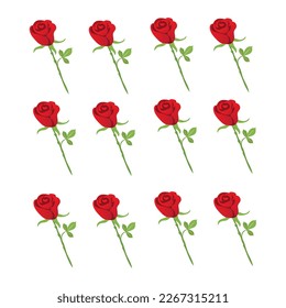Set of decorative red rose silhouette with green leaves. Vector illustration. Flower icon.