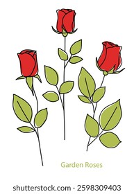 Set of decorative red rose silhouette with green leaves. Flower icon. Vector stock illustration.