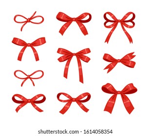 Set of decorative red silk bows and ribbons isolated on white background. 
For hair decoration, celebration party items, gift packaging on Christmas or Birthday, present cards and luxury wrap pack.