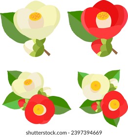 Set of decorative red and white camellia flower illustrations